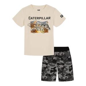 New Caterpillar Boys Short Sleeve T-shirt and Terry Camo Shorts, Cream 7